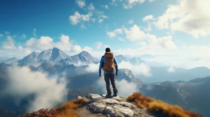 Poster A hiker enjoying the breathtaking view from the summit of a mountain © mattegg
