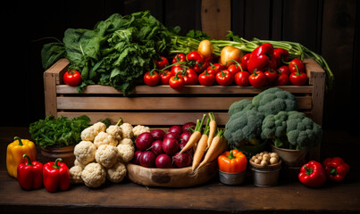 A colorful assortment of fresh vegetables packed in a wooden crate. A wooden crate filled with lots of different types of vegetables