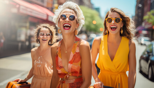 Three smiling female friends, traveling, walking with suitcases through the city