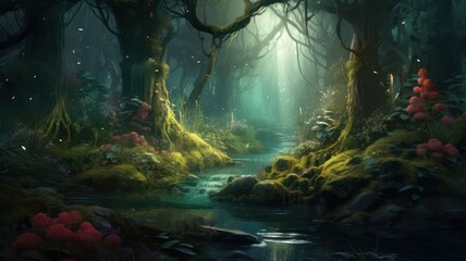 Fototapeta na wymiar Soft fantasy forest background with creek created with Generative AI