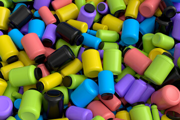 Pile of multicolor plastic jar for sport nutrition protein powder on white