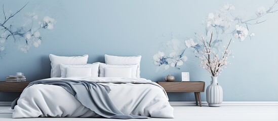Serene bedroom decor with blue and white accents double bed and wallpaper With copyspace for text