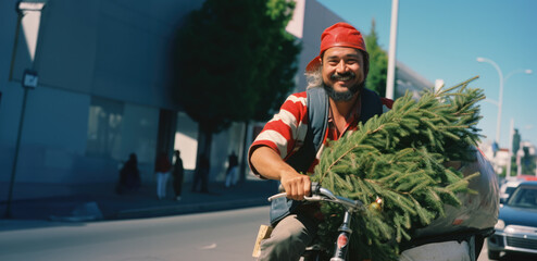 Happy Latino man bicycle delivering with Christmas tree in the city.