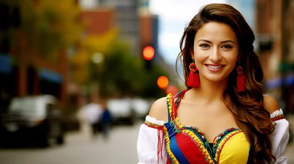 Foto op Canvas A beautiful smiling girl from Colombia in traditional national clothes against the backdrop of a city street. © Olga Gubskaya
