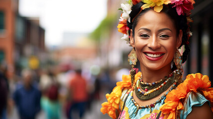 A beautiful smiling girl from Colombia in traditional national clothes against the backdrop of a city street. - obrazy, fototapety, plakaty