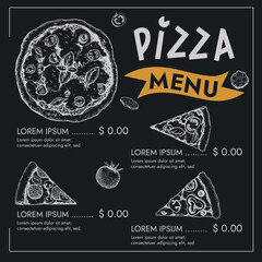 Pizza menu design template. Hand drawn sketch style elements in chalkboard style. Best for restaurant and delivery flyers, menus etc. Vector illustration.
