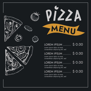 Pizza menu design template. Hand drawn sketch style elements in chalkboard style. Best for restaurant and delivery flyers, menus etc. Vector illustration.