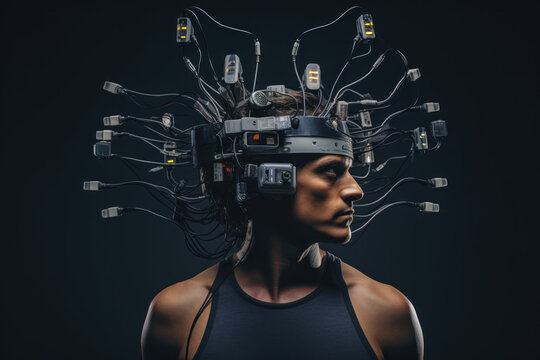Biohacking men wearing electronic device on his head