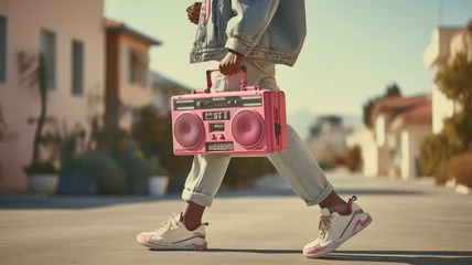 Foto auf Alu-Dibond Person walking with a pink boom box © Karen