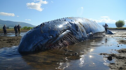 
Sperm whale, a marine mammal washed ashore. A large representative of cetaceans. A terrifying animal requiring help. Endangered species of marine life. Concept: animal protection - obrazy, fototapety, plakaty