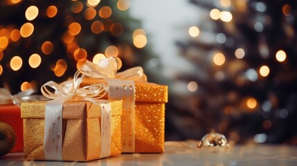 Christmas concept Gift box with bow tie on table Blurred bokeh lights with space for text. Ideal for a Christmas background.