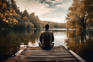 Man in jacket sitting on the small bridge with a view on beautiful lake, back view. Generative AI