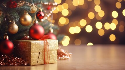 Christmas concept Gift box with bow tie on table Blurred bokeh lights with space for text. Ideal for a Christmas background.