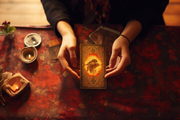 Woman's hand holding a tarot card. Fortune teller reading tarot cards. Generative AI - obrazy, fototapety, plakaty