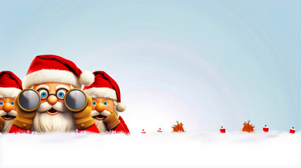 Santa clause holding magnifying glass in snowy landscape with christmas tree in the background.