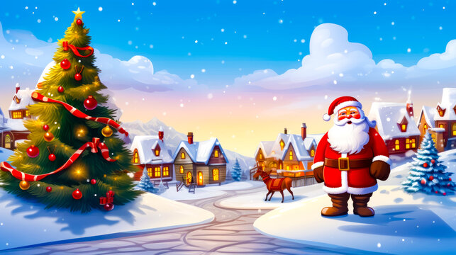Santa clause standing in front of christmas tree in snowy village.
