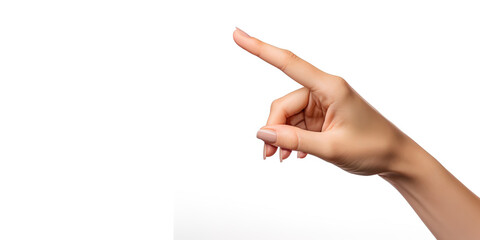 Female caucasian hands isolated white background showing gesture points finger to something or someone. woman hands showing different gestures - obrazy, fototapety, plakaty