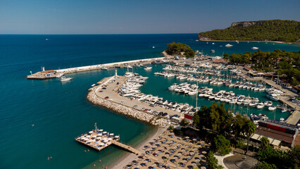 Naklejka na ściany i meble Aerial view of of port and coastal area of Kemer, Turkish beach resort city