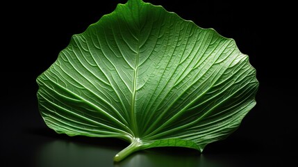 Fototapeta premium a large green leaf on a black surface with a black background. generative ai