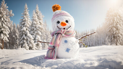 Obraz premium Cute snowman on a snowy meadow