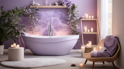 Fotobehang Schoonheidssalon a bathroom with candles and a bathtub. Mediterranean interior Bathroom with Lavender color theme.