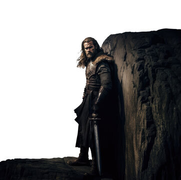 Majestic Viking Hero with Sword -  Transparent Background PNG Image of a Fierce Norse Warrior in Fur Garb. long hair and beard.  odin, thor, loki, freyr, tyr, baldur, heimdall, fenrir, ymir