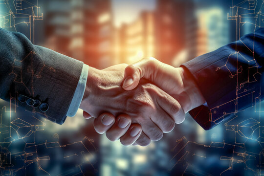 Image of a businessperson in a suit shaking hands. Particle-like effects and a modern cityscape can be seen in the background. Concept of innovative business ideas, sdgs, collaboration and cooperation