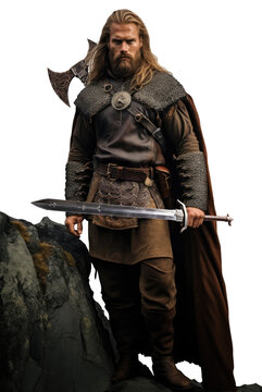 Fierce Viking Warrior with Sword and Battle Axe in Full View - Isolated Transparent Background PNG Image of a Tough Norse Fighter in Fur Coat. long hair and beard. odin, thor, loki, freyr, tyr