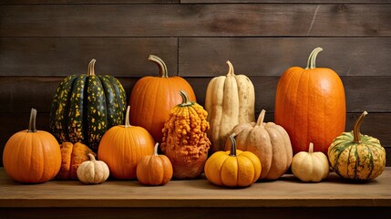  a group of pumpkins sitting on top of a wooden table.  generative ai