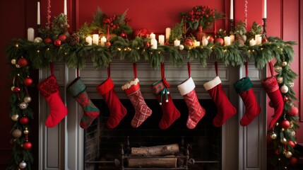 Bold and bright red and green mantle display with stockings and garland