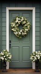 Simple yet classic white and green wreath on wooden door