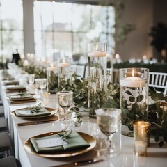 Minimalist white and green tablescape with eucalyptus and candles