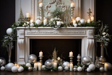 White and silver mantle display with candles and greenery