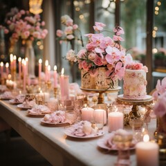 Obraz na płótnie Canvas Cozy pink and gold setup with floral accents and desserts