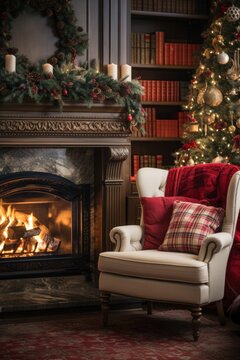 Cozy living room with Christmas tree, stockings, and fire crackling