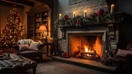 Cozy living room with Christmas tree, stockings, and fire crackling