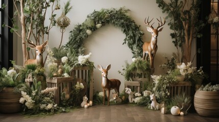 Whimsical woodland theme with animal decor and greenery garland
