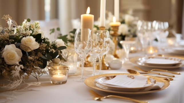 Elegant Gold And White Table Setting With Wreath And Candles