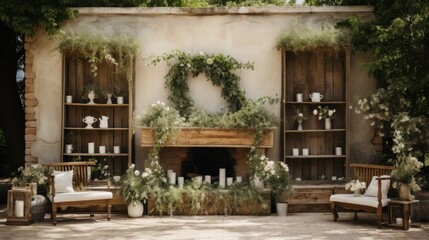 Fototapeta na wymiar Rustic outdoor celebration with wooden accents and greenery backdrop