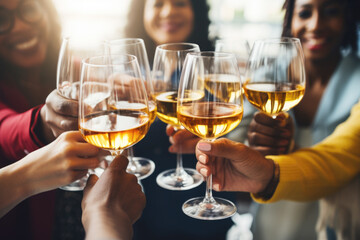 Group of friends toasting with wine glasses at a festive lunch party