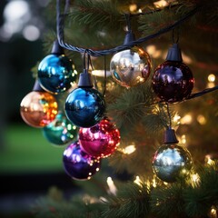 Colorful ornaments and lights on evergreen tree in outdoor setting