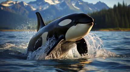 Killer whale, marine mammal washed ashore. A large representative of cetaceans. A scary animal that needs help. Endangered species of marine life. Concept: animal protection - obrazy, fototapety, plakaty