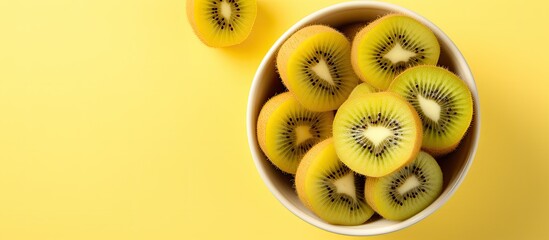 Sliced ripe kiwi in bowl from above With copyspace for text - obrazy, fototapety, plakaty