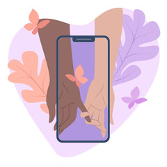 A friendly touch of hands through a smartphone in the messenger of social networks. Creative concept idea social networks, hands outstretched connect. Vector illustration