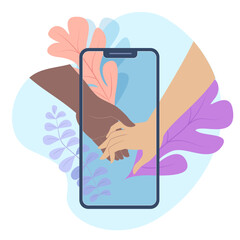 Hands gently holding each other through smartphone messenger application. Creative concept idea social networks, hands outstretched connect. Vector illustration