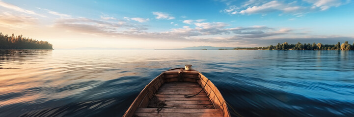 Calm lake with morning skies above, view from wooden boat - wide banner photo. Generative AI - Powered by Adobe