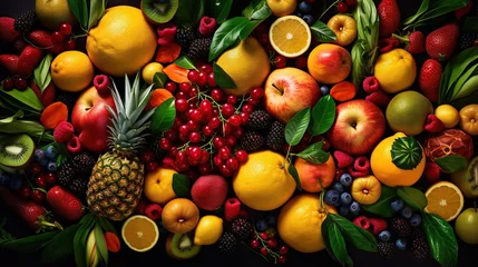 Fotobehang  a large amount of fruit is arranged in a pattern on a black background.  generative ai © Anna