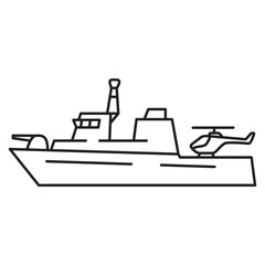 Obraz premium Military sea ship icon.Military boat.Navy battle ships.Outline vector illustration.Isolated on white background.Destroyer with helicopter.