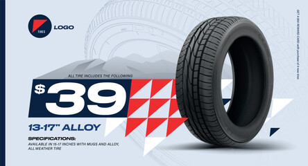 Tires car advertisement poster. Black rubber tyre set. Shining disk car wheel tyre. Summer or winter road. Information. Store. Landscape banner, digital print, flyer, booklet, brochure and web design.