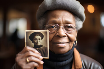 Closeup of senior black woman holding up a old photo of herself when she was young.  - obrazy, fototapety, plakaty